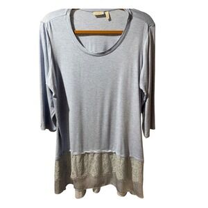 LOGO Lori Goldstein Soft Blue Layer Lace Trim 3/4 Sleeve Scoop Neck Tunic Top 1X